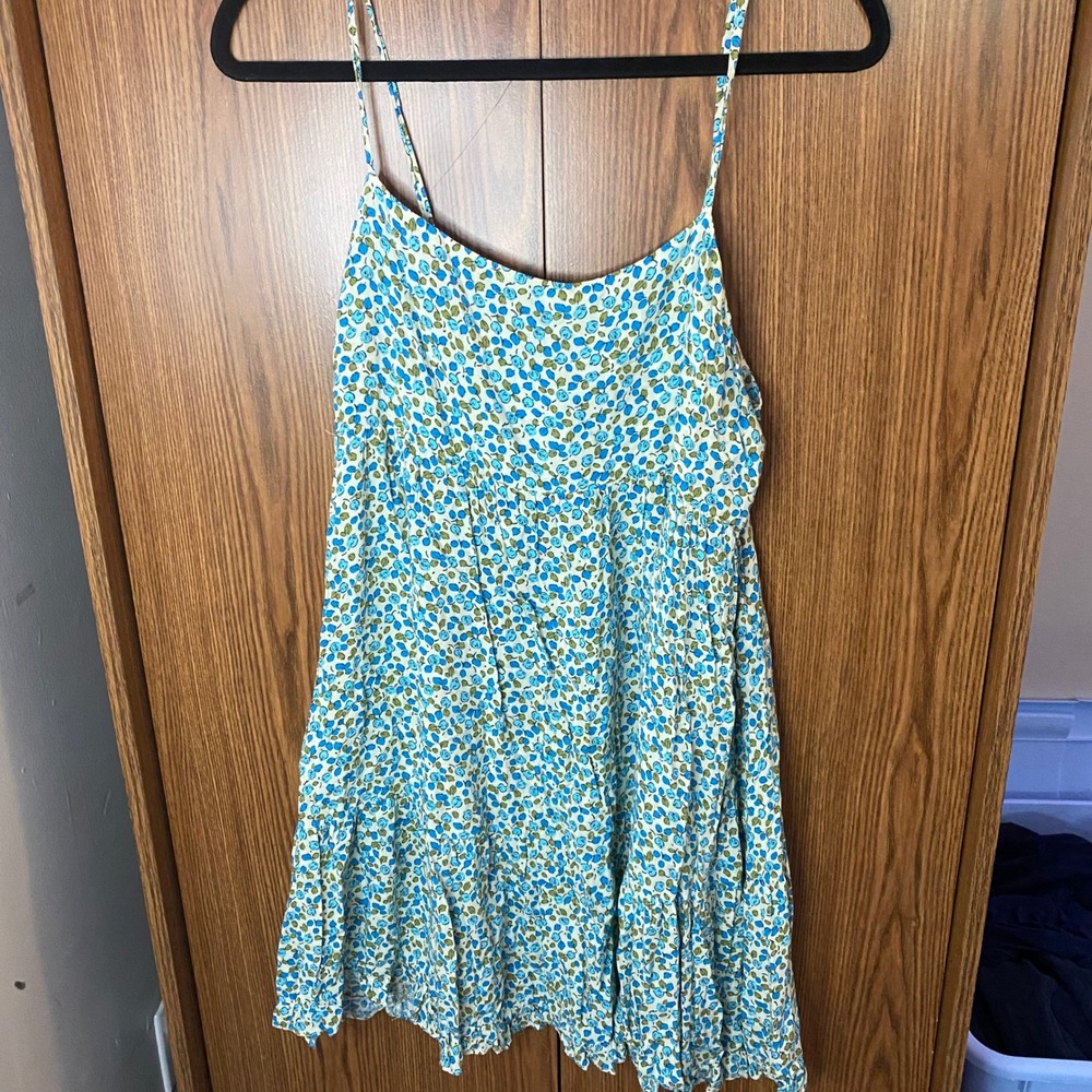 Zara Floral Mini Dress Womens XL Blue Green Smocked Back Tiered Cami Sundress